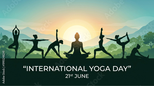 Yoga silhouette group practicing poses at sunrise landscape for wellness fitness banner design promoting peace harmony and celebration of international yoga day