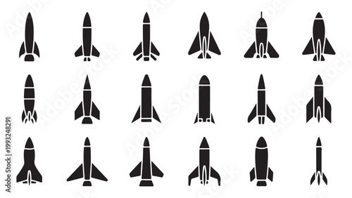 Aerospace vehicle icons featuring different rocket stages and missile designs in black silhouettes.