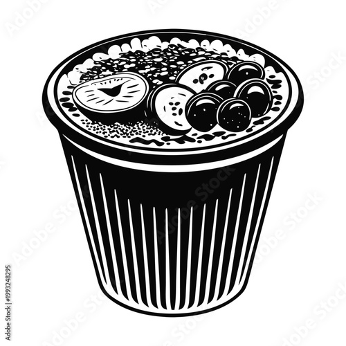 Black and white vector illustration of boba tea, bubble tea cup, tapioca pearl drink, monochrome design element