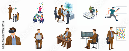 Isometric Flat Business Workflow Technology Integration Team Collaboration Innovation Financial Success Data Analysis Illustration Collection