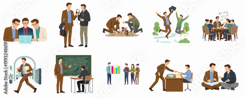 Flat Modern Graphic Set of Diverse Scenes of Men Engaged in Business, Education, Collaboration, and Teamwork Activities Illustration