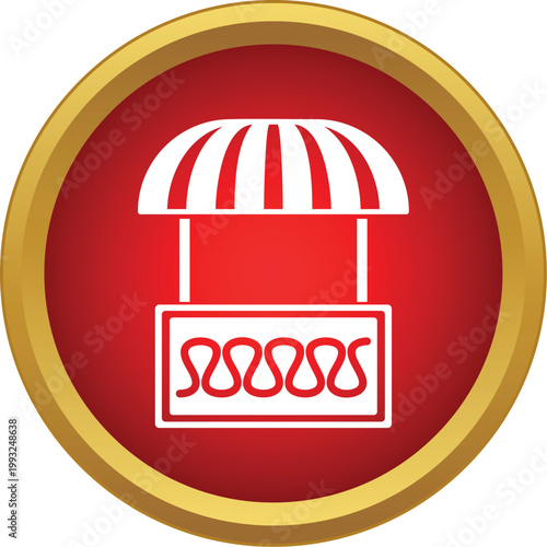 Market stall with striped awning selling street food products inside a gold framed button