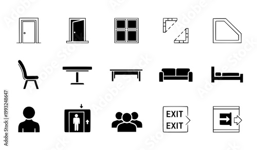 Black and white line icons depicting various elements of interior design furniture people and emergency exit signage