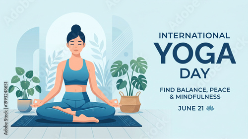 Yoga meditation woman sitting at home interior with plants for wellness lifestyle banner design showing calm balance mindfulness and international yoga day theme