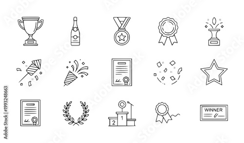 A collection of black and white line art icons representing achievements awards celebrations and winning concepts beautifully arranged