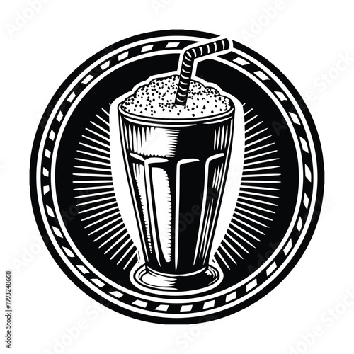 Vintage milkshake, black and white illustration, retro drink, soda cup icon