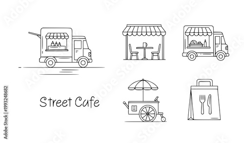 Line art illustration of various food trucks and a street cafe setup showcasing mobile food businesses and outdoor dining concepts