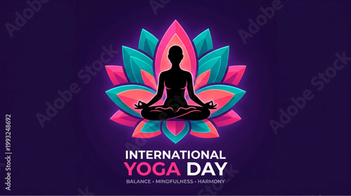 Yoga meditation silhouette with vibrant lotus mandala on dark background for wellness branding banner design expressing balance energy and international yoga day theme