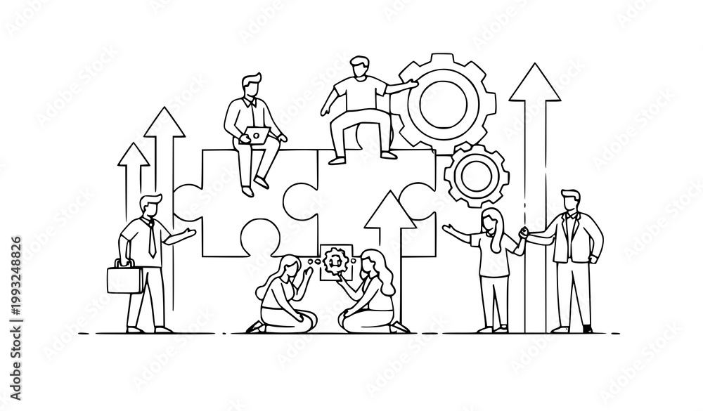 Fototapeta premium Teamwork and collaboration concept people working together on business strategy and problem solving with gears and arrows