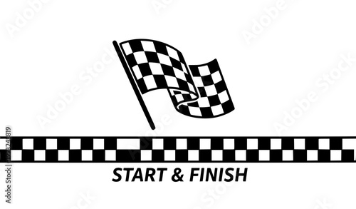 A striking black and white illustration of a checkered racing flag waving above a finish line banner symbolizing victory and competition