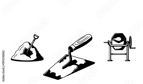 Construction tools and materials a black and white illustration of cement mixer shovel trowel and concrete pile