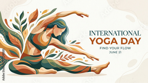 Yoga stretching woman artistic illustration with leaf elements for wellness fitness banner design showing natural flow flexibility and international yoga day celebration