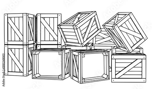 Black and white line drawing of stacked and scattered wooden crates and boxes illustrating packaging and storage concepts