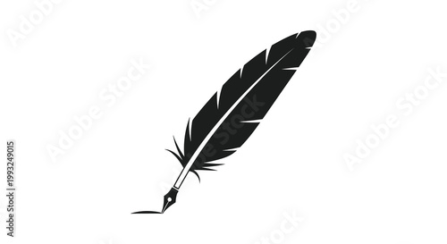 A striking black feather quill elegantly displayed against a white background silhouette
