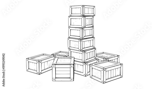 A black and white line drawing depicting a precarious stack of wooden crates and scattered individual crates around them