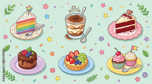A delightful collection of six various sweet desserts including rainbow cake, red velvet, tiramisu, chocolate cake, fruit tart, and cupcakes, all presented in a charming illustration style.