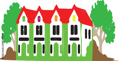 Cartoon fairy castle house vector illustration with towers flags and medieval townhouse design
