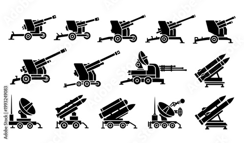 A collection of vintage and modern artillery weapons depicted in a stark black and white illustrative style showcasing various cannon designs