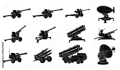 Black silhouette collection of various military artillery and radar systems including cannons launchers and tracking dishes