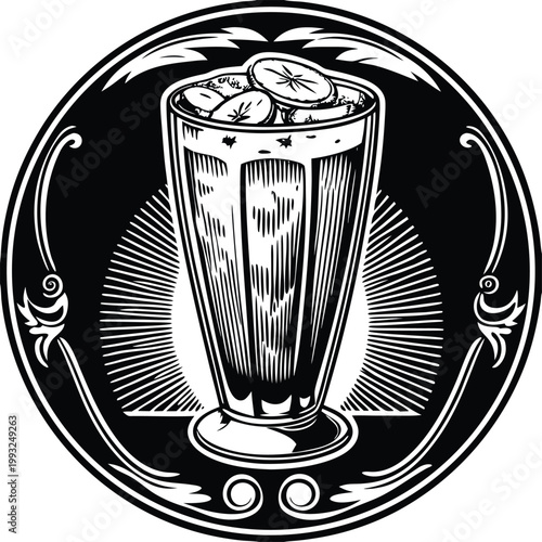Vintage soda illustration, retro drink icon, black and white vector, cold beverage logo