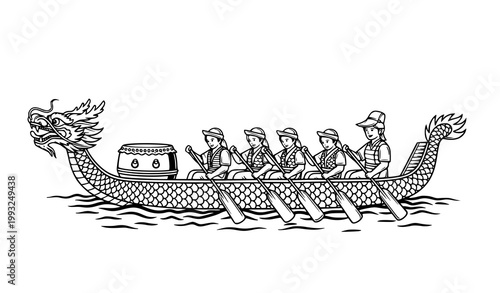 Vintage black and white illustration of a dragon boat race with team of rowers in traditional hats