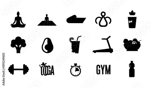 Black silhouette icons representing wellness fitness and healthy lifestyle activities on a white background