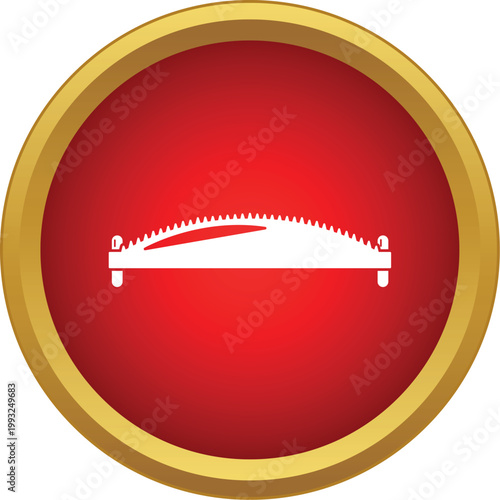 Classic two man logging saw in a red and gold circular icon