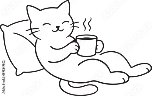 Cozy cat relaxing with coffee vector, peaceful pet moment illustration
