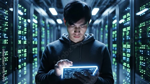 Young Asian man in server room with tablet.