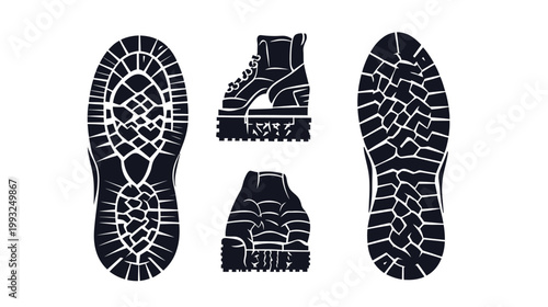 Silhouetted illustrations of hiking boot tread soles and a side view of a boot