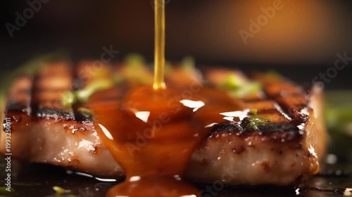 Pouring Savory Sauce over a Perfectly Grilled Piece of Meat