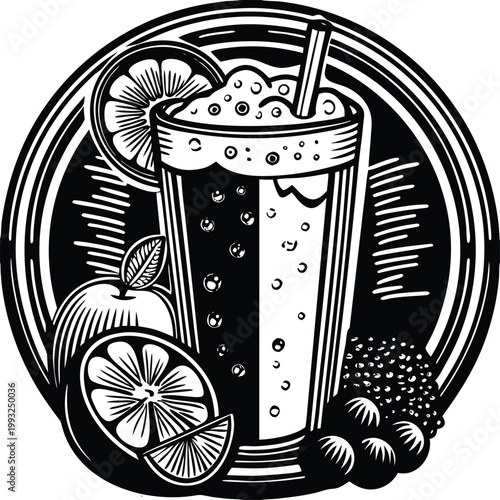 Refreshing drink, soda illustration, fruit infused beverage, black and white vector