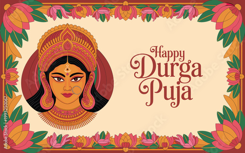 Goddess Durga face with lotus flower border and happy Durga Puja text, cream background, Hindu