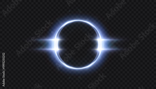 Glowing circular portal gate with bright side flares on transparent background. Futuristic space gateway ring with symmetric light beams vector.