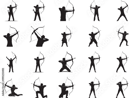 Archery Silhouette Collection Diverse Poses of Archers Drawing Bows
