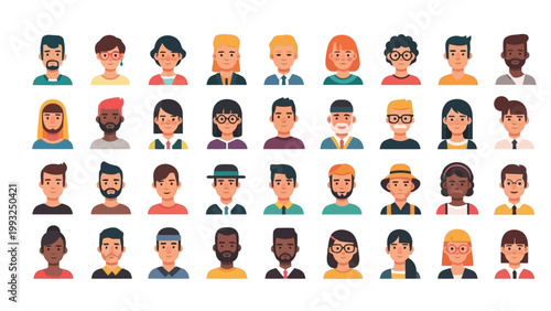 Diverse collection of stylized pixel art avatars with varied appearances and expressions Vector