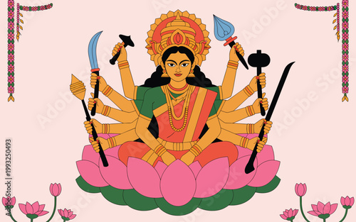 Of the Hindu goddess Durga with ten arms, seated on a pink lotus flower base, in deity mythology
