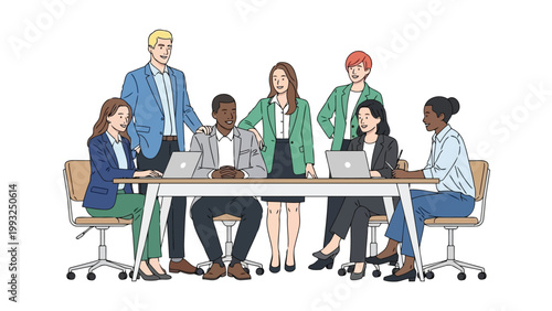 Team collaborating around a long conference table with laptops open Vector