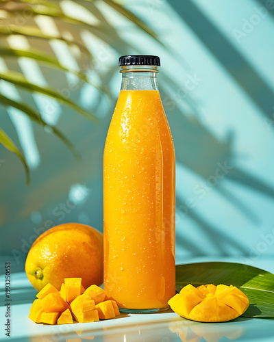 a bottle of fresh mango juice placed on a clean surface