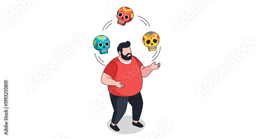Cartoon man juggles colorful skulls in a playful and artistic display.