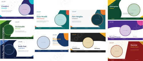 Modern business presentation slide templates, professional corporate pitch deck layout set, abstract geometric web banner collection with image placeholders