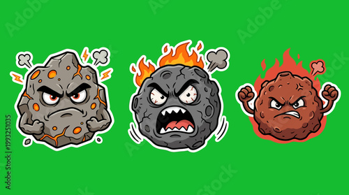Cartoon meteorites with angry faces and fiery expressions on green background.