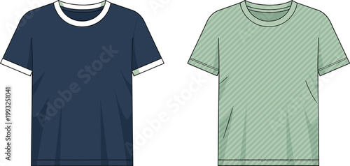 Men's Crew Neck T-shirt Technical Flat Sketches Featuring Ringer Detail and Diagonal Striped Pattern for Fashion Design Tech Packs and Apparel Manufacturing Templates