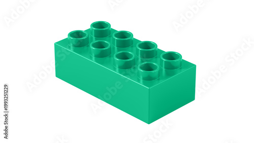 Mint Green Plastic Construction Brick with Eight Studs Isolated on White Background. Minimal Toy Building Block Used for Creative Play, Education and Modular Design Concept. 3D Illustration
