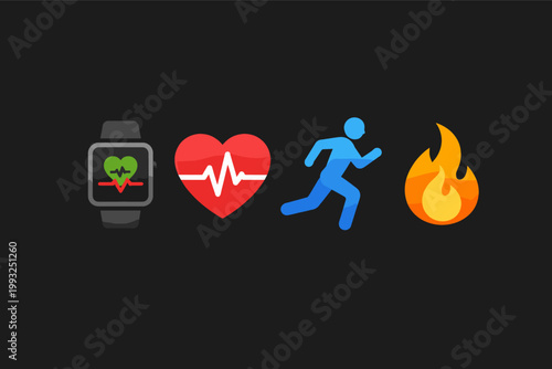 Set of four fitness and health tracking icons featuring a black smartwatch with heart rate monitor, a red heart with pulse line, a blue running athlete, and a flame representing calories burned.