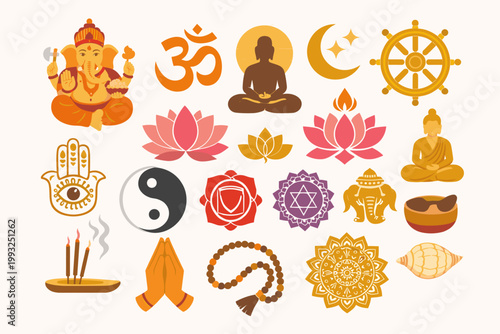 Comprehensive Collection of Hindu and Buddhist Spiritual Symbols Featuring Lord Ganesha, Om, Buddha, Lotus Flowers, Dharma Wheel, Hamsa Hand, Yin Yang, Chakras, Mala Beads, and Sacred Mandalas
