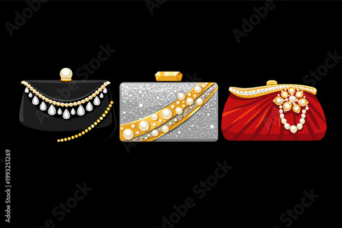 Collection of three luxury evening clutch purses in black, silver, and red, adorned with shimmering pearls, sparkling diamonds, and gold details, ideal for formal parties, weddings, and galas.