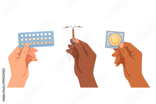 Diverse female hands holding various types of contraception including a blister pack of birth control pills, an intrauterine device IUD, and a condom for reproductive health and family planning.