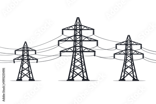 High Voltage Power Transmission Towers with Electrical Lines, Electricity Grid Infrastructure Vector Illustration Isolated on White Background. Industrial Energy Supply and Distribution Pylons.