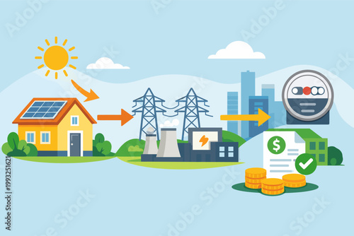 Solar energy export to power grid and net metering billing credit workflow illustration showing a house with solar panels, electricity pylons, power plant, smart meter, and utility bill savings.